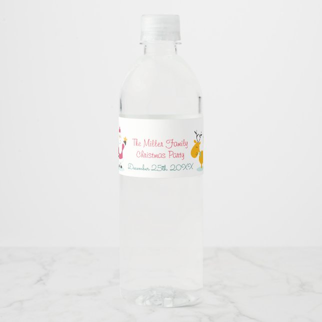Santa Claus, Reindeer and Snowman Christmas Water Bottle Label (Front)