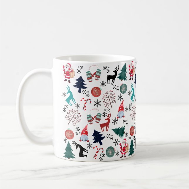 Santa Claus Reindeer Pine Trees Mittens Pattern Coffee Mug (Left)
