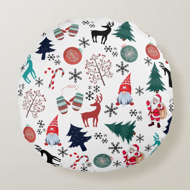 Santa Claus Reindeer Pine Trees Mittens Round Cushion (Front)