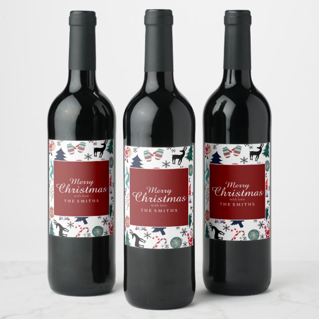Santa Claus Reindeer Pine Trees Mittens Wine Label (Bottles)