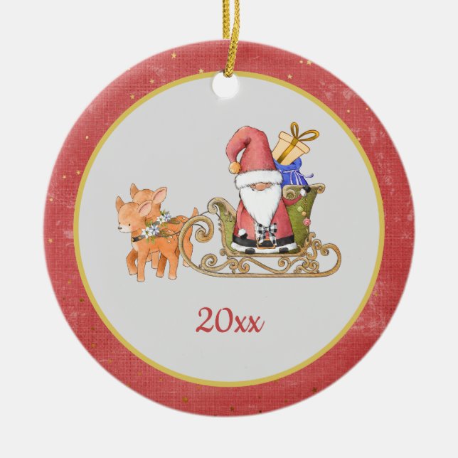 Santa Claus Reindeer Sleigh Year Name Ceramic Tree Decoration (Front)