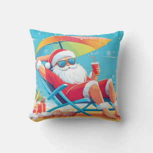 Santa Claus Relaxing on a Tropical Beach Sunbed  Cushion