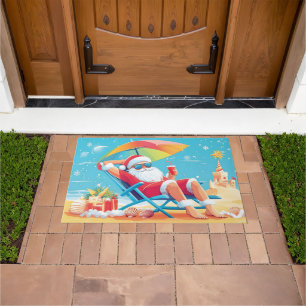 Santa Claus Relaxing on a Tropical Beach Sunbed  Doormat