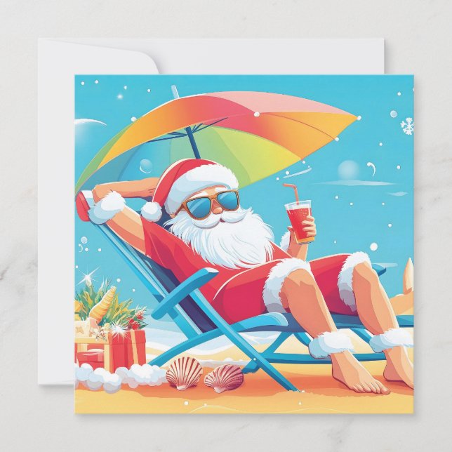 Santa Claus Relaxing on a Tropical Beach Sunbed  Holiday Card (Front)