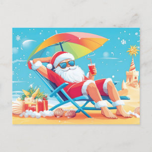 Santa Claus Relaxing on a Tropical Beach Sunbed Holiday Postcard