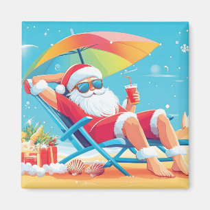 Santa Claus Relaxing on a Tropical Beach Sunbed Magnet