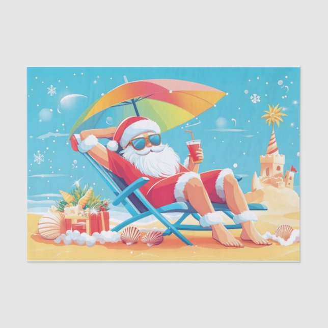 Santa Claus Relaxing on a Tropical Beach Sunbed  Tissue Paper (Front)