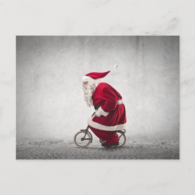 Santa Claus Rides A Bicycle Holiday Postcard (Front)