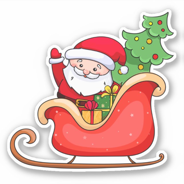 Santa claus rides in sleigh with christmas tree (Front)