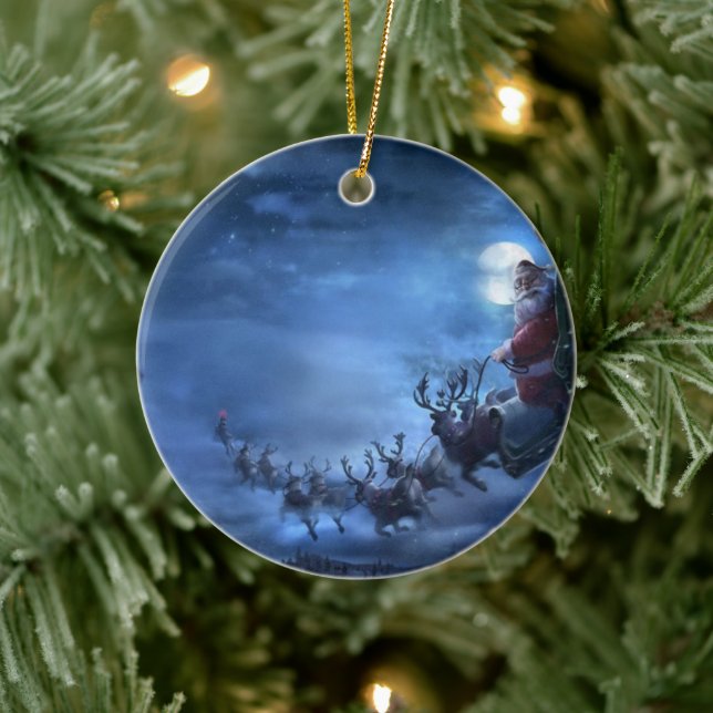 Santa Claus rides reindeer sleigh Ceramic Tree Decoration (Tree)