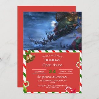 Santa Claus rides reindeer sleigh        Invitation