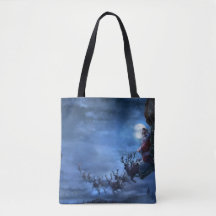 Santa Claus rides reindeer sleigh