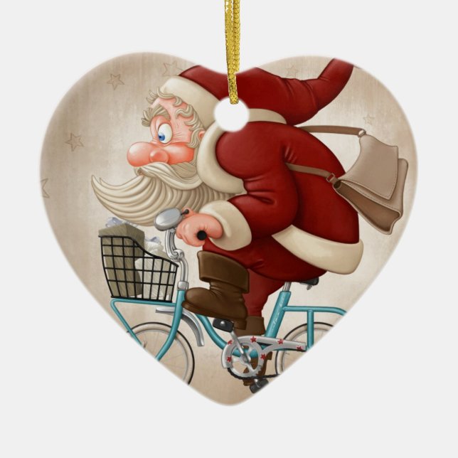 Santa Claus rides the bicycle Ceramic Tree Decoration (Front)