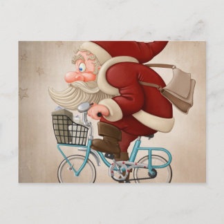 Santa Claus rides the bicycle Holiday Postcard