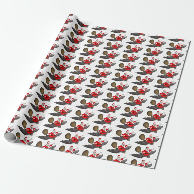 Santa Claus Riding A Bat Wrapping Paper (Unrolled)