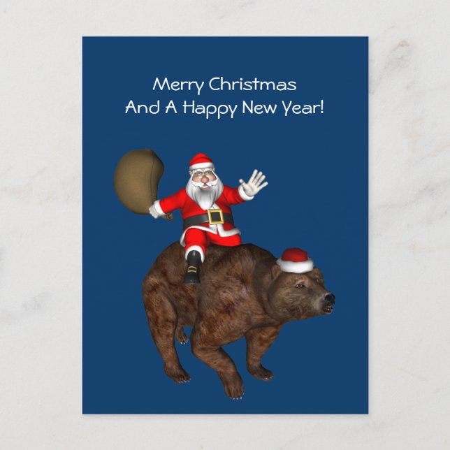 Santa Claus Riding A Bear Holiday Postcard (Front)