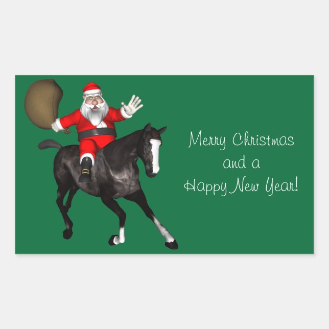 Santa Claus Riding A Black Horse Rectangular Sticker (Front)