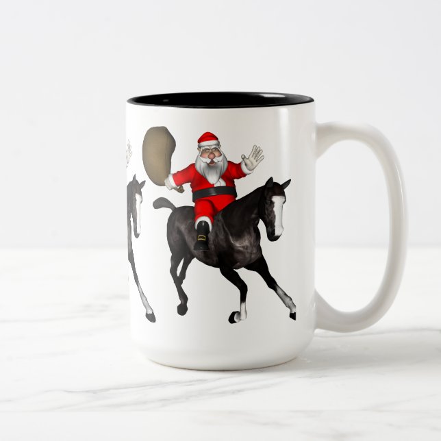 Santa Claus Riding A Black Horse Two-Tone Coffee Mug (Right)