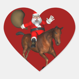 Santa Claus Riding A Brown Horse Heart Sticker