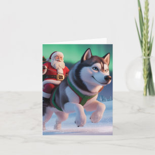 Santa Claus Riding a Giant Husky Throuh Snow Holiday Card