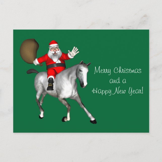 Santa Claus Riding A Grey Horse Holiday Postcard (Front)