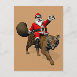 Santa Claus Riding A Tiger Holiday Postcard