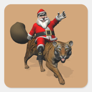 Santa Claus Riding A Tiger Square Sticker