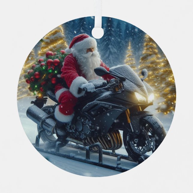 Santa Claus Riding A Yamaha Motorcycle Sled Metal Tree Decoration (Front)