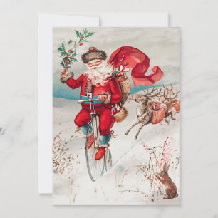 Santa Claus Riding Bicycle, Reindeer and Rabbit Holiday Card