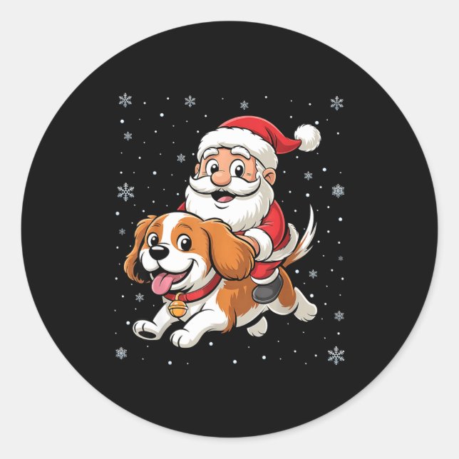Santa Claus Riding Cavalier King Charles Spaniel D Classic Round Sticker (Front)