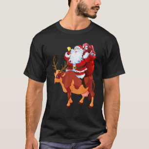 Santa Claus Riding Cow Reindeer Christmas Pajama T-Shirt