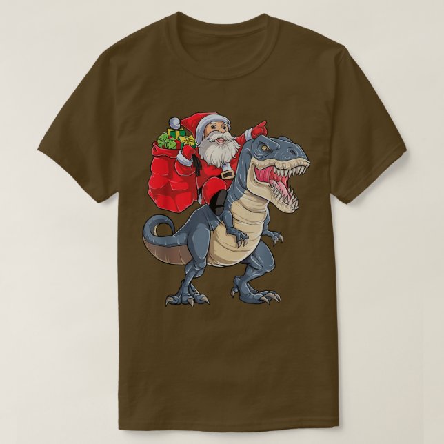 Santa Claus Riding Dinosaur Merry Christmas Happy  T-Shirt (Design Front)