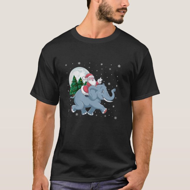 Santa Claus Riding Elephant Funny Christmas Tree L T-Shirt (Front)