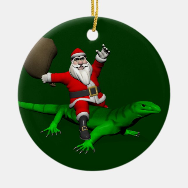 Santa Claus Riding Green Lizard Ceramic Tree Decoration (Front)
