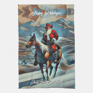 Santa Claus Riding Horse Christmas Tea Towel