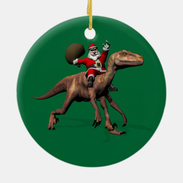 Santa Claus Riding On Deinonychus Ceramic Tree Decoration (Back)