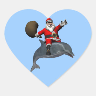 Santa Claus Riding On Dolphin Heart Sticker