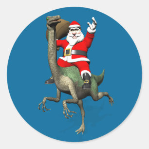Santa Claus Riding On Gallimimus Classic Round Sticker