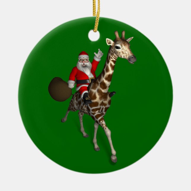 Santa Claus Riding On Giraffe Ceramic Tree Decoration (Front)