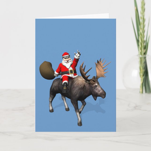 Santa Claus Riding On Moose Holiday Card (Front)