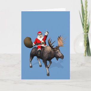 Santa Claus Riding On Moose Holiday Card