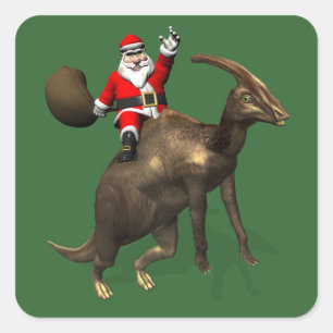 Santa Claus Riding On Parasaurolophus Square Sticker