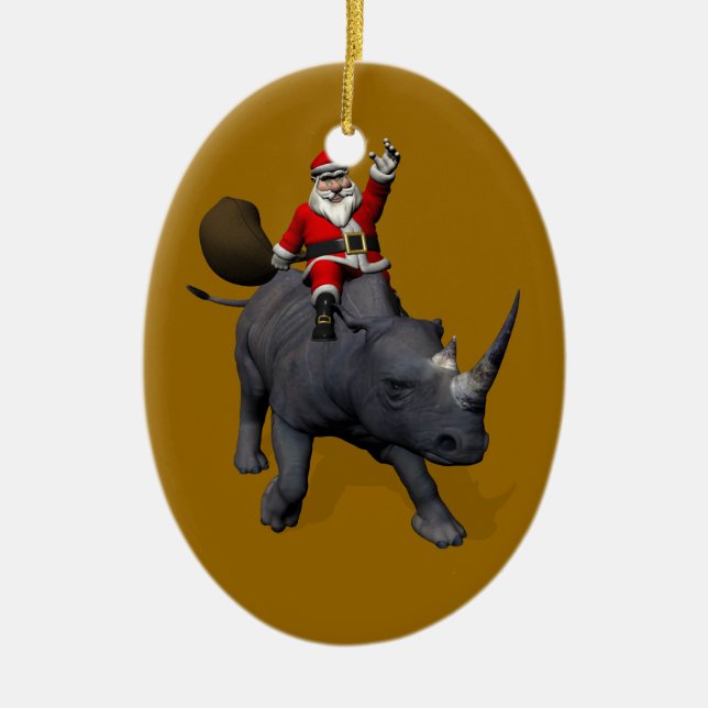 Santa Claus Riding On Rhinoceros Ceramic Tree Decoration (Front)