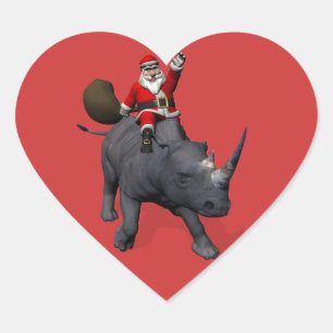 Santa Claus Riding On Rhinoceros Heart Sticker