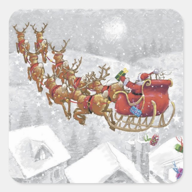 Santa Claus riding on sleigh with gift box Square Sticker (Front)