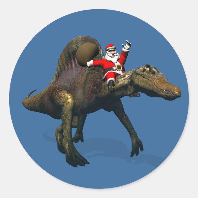Santa Claus Riding On Spinosaurus Classic Round Sticker (Front)
