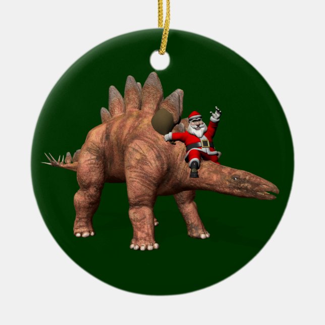 Santa Claus Riding On Stegosaurus Ceramic Tree Decoration (Front)