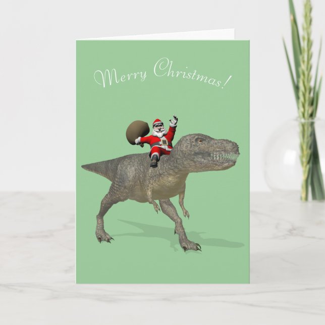Santa Claus Riding On Trex Holiday Card (Front)