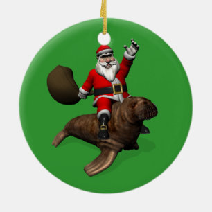 Santa Claus Riding On Walrus Ceramic Tree Decoration