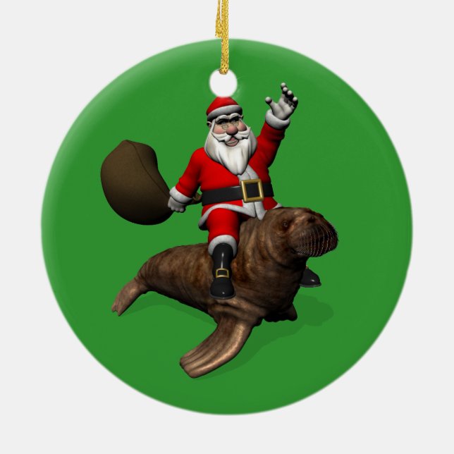 Santa Claus Riding On Walrus Ceramic Tree Decoration (Back)